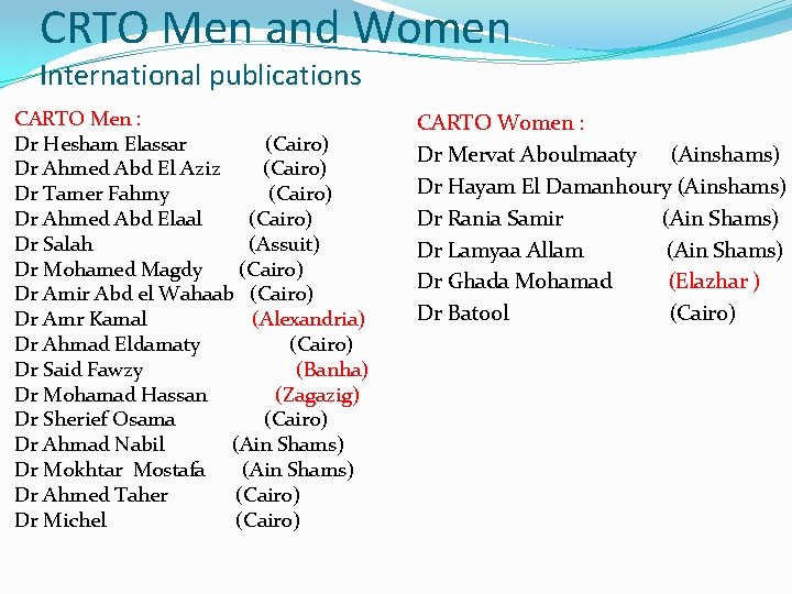 CRTO Men and Women International publications CARTO Men : Dr Hesham Elassar (Cairo) Dr