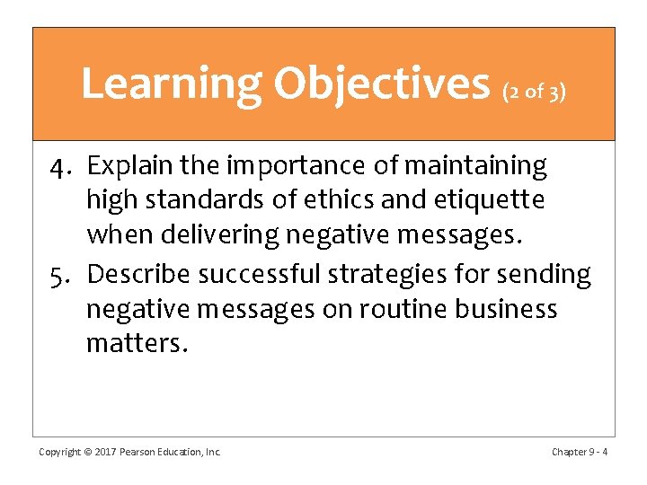 Learning Objectives (2 of 3) 4. Explain the importance of maintaining high standards of