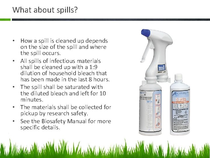 What about spills? • How a spill is cleaned up depends on the size