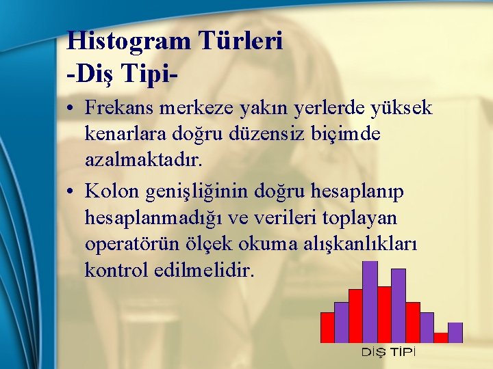 Histogram Türleri -Diş Tipi • Frekans merkeze yakın yerlerde yüksek kenarlara doğru düzensiz biçimde