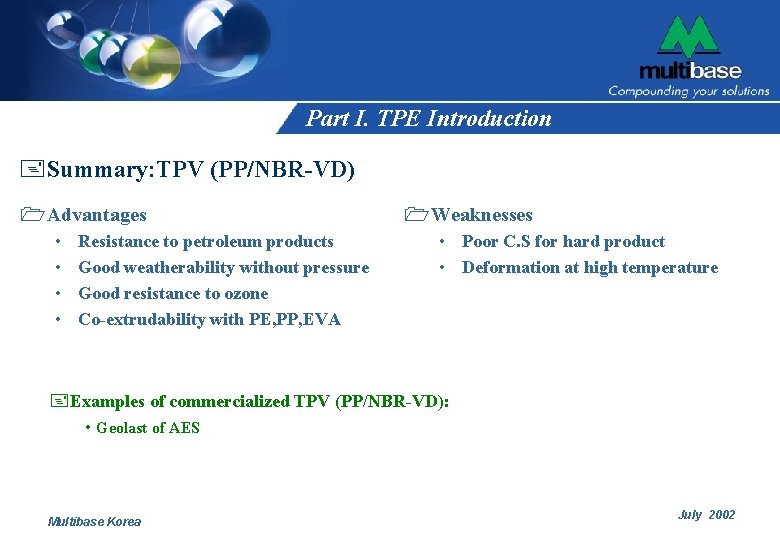 Part I. TPE Introduction +Summary: TPV (PP/NBR-VD) 1 Advantages • • Resistance to petroleum