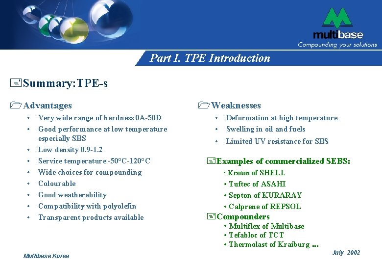 Part I. TPE Introduction +Summary: TPE-s 1 Advantages • • • Very wide range Part I. TPE Introduction +Summary: TPE-s 1 Advantages • • • Very wide range