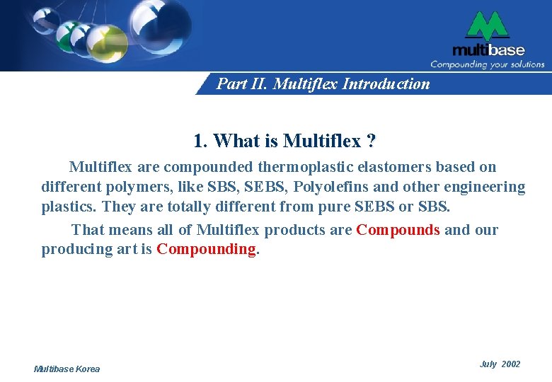 Part II. Multiflex Introduction 1. What is Multiflex ? Multiflex are compounded thermoplastic elastomers