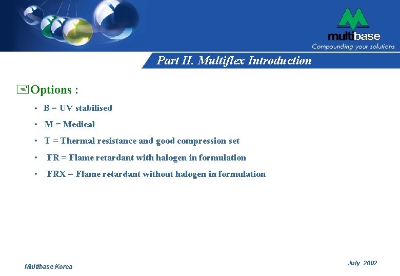 Part II. Multiflex Introduction +Options : • B = UV stabilised • M =