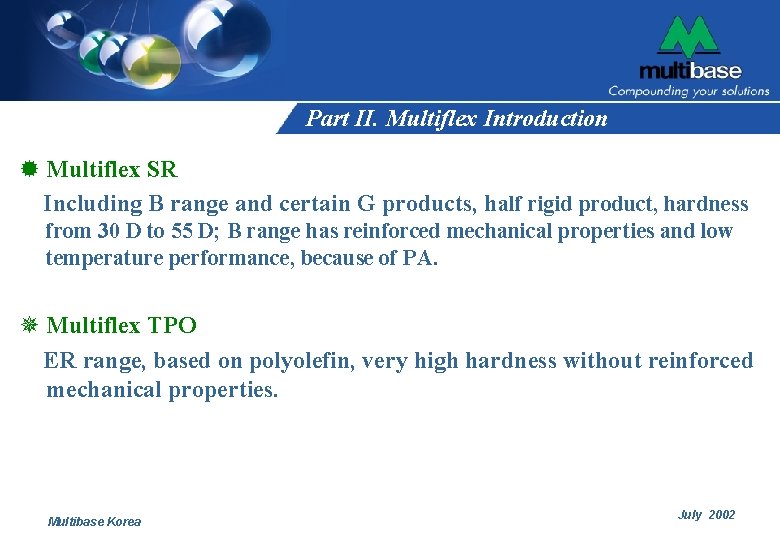 Part II. Multiflex Introduction ® Multiflex SR Including B range and certain G products,