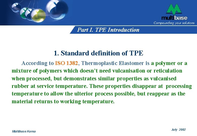 Part I. TPE Introduction 1. Standard definition of TPE According to ISO 1382, Thermoplastic Part I. TPE Introduction 1. Standard definition of TPE According to ISO 1382, Thermoplastic