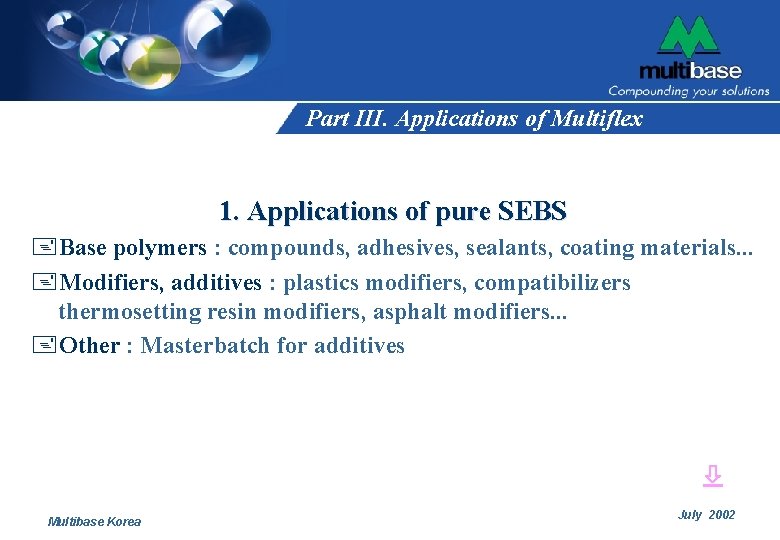 Part III. Applications of Multiflex 1. Applications of pure SEBS +Base polymers : compounds, Part III. Applications of Multiflex 1. Applications of pure SEBS +Base polymers : compounds,
