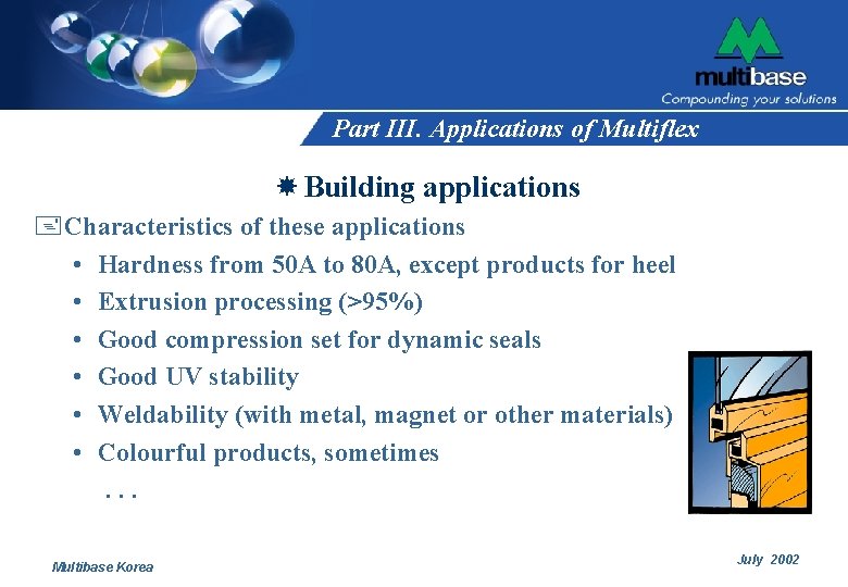 Part III. Applications of Multiflex Building applications +Characteristics of these applications • Hardness from