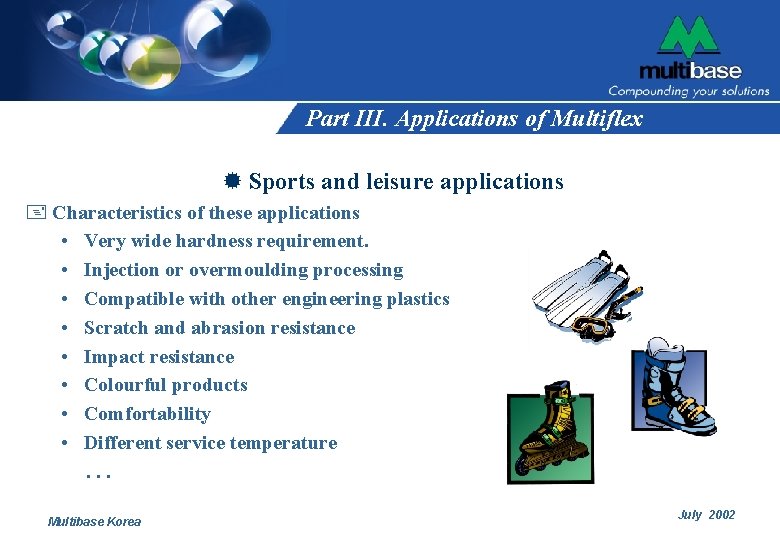 Part III. Applications of Multiflex ® Sports and leisure applications + Characteristics of these