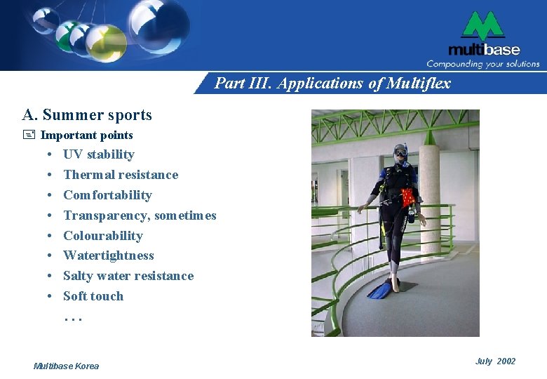 Part III. Applications of Multiflex A. Summer sports + Important points • • UV