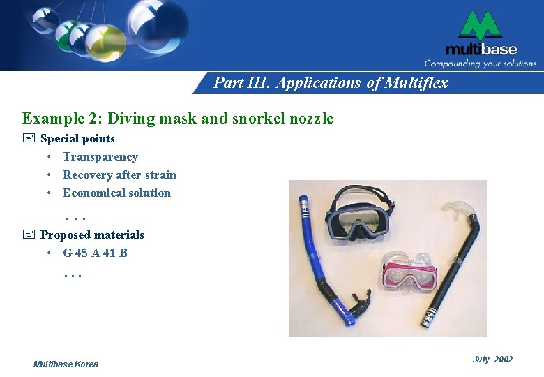 Part III. Applications of Multiflex Example 2: Diving mask and snorkel nozzle + Special