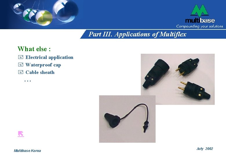 Part III. Applications of Multiflex What else : + Electrical application + Waterproof cap Part III. Applications of Multiflex What else : + Electrical application + Waterproof cap