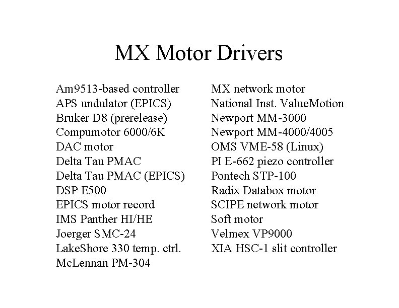 MX Motor Drivers Am 9513 -based controller APS undulator (EPICS) Bruker D 8 (prerelease)