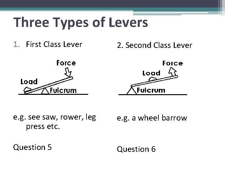 Three Types of Levers 1. First Class Lever 2. Second Class Lever e. g.