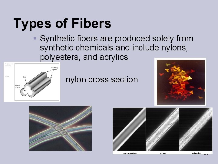 Types of Fibers § Synthetic fibers are produced solely from synthetic chemicals and include