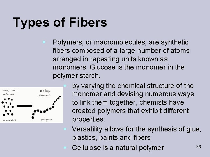 Types of Fibers § Polymers, or macromolecules, are synthetic fibers composed of a large