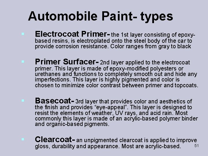 Automobile Paint- types § Electrocoat Primer- the 1 st layer consisting of epoxy- §