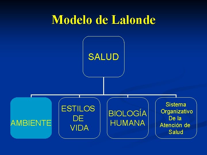 Modelo de Lalonde SALUD AMBIENTE ESTILOS DE VIDA BIOLOGÍA HUMANA Sistema Organizativo De la