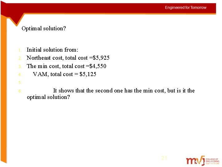 Optimal solution? 1. 2. 3. 4. Initial solution from: Northeast cost, total cost =$5,