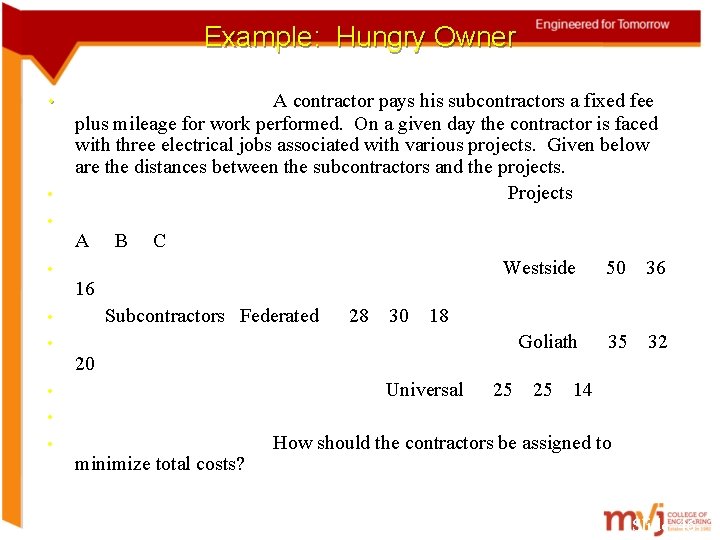 Example: Hungry Owner • • A contractor pays his subcontractors a fixed fee plus