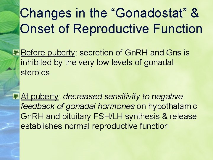 Changes in the “Gonadostat” & Onset of Reproductive Function Before puberty: secretion of Gn.