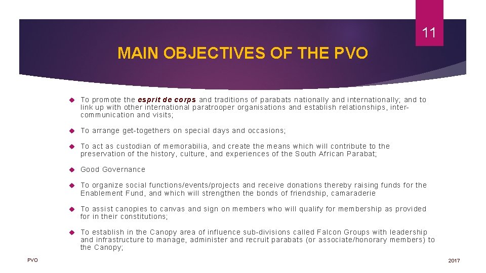 11 MAIN OBJECTIVES OF THE PVO To promote the esprit de corps and traditions