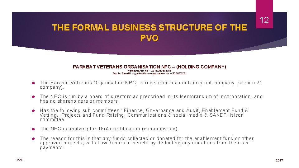 THE FORMAL BUSINESS STRUCTURE OF THE PVO 12 PARABAT VETERANS ORGANISATION NPC – (HOLDING