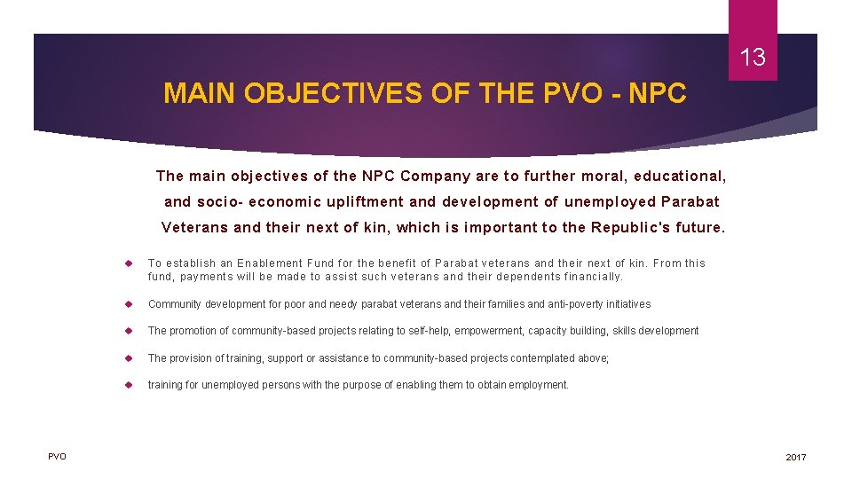 13 MAIN OBJECTIVES OF THE PVO NPC The main objectives of the NPC Company