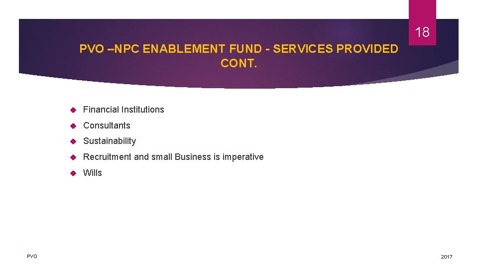 18 PVO –NPC ENABLEMENT FUND SERVICES PROVIDED CONT. PVO Financial Institutions Consultants Sustainability Recruitment