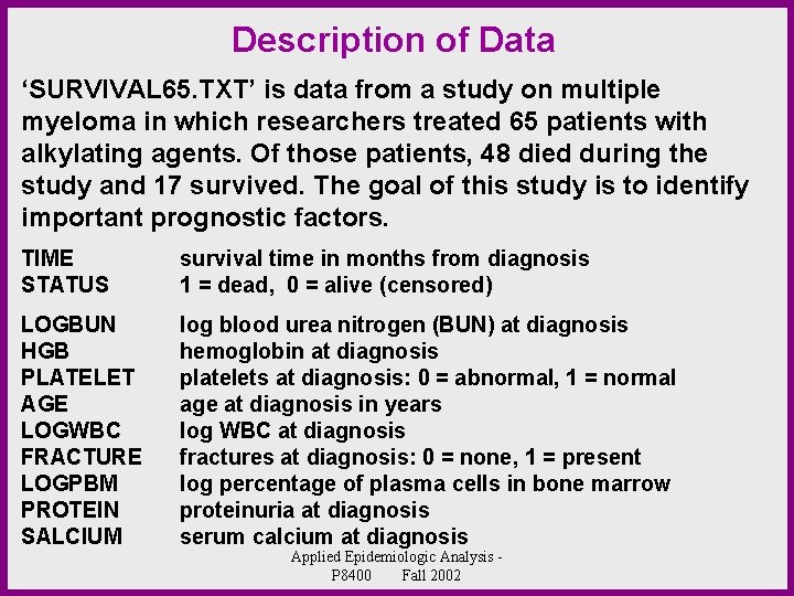 Description of Data ‘SURVIVAL 65. TXT’ is data from a study on multiple myeloma