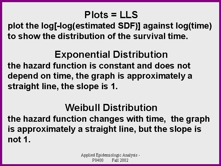 Plots = LLS plot the log[-log(estimated SDF)] against log(time) to show the distribution of