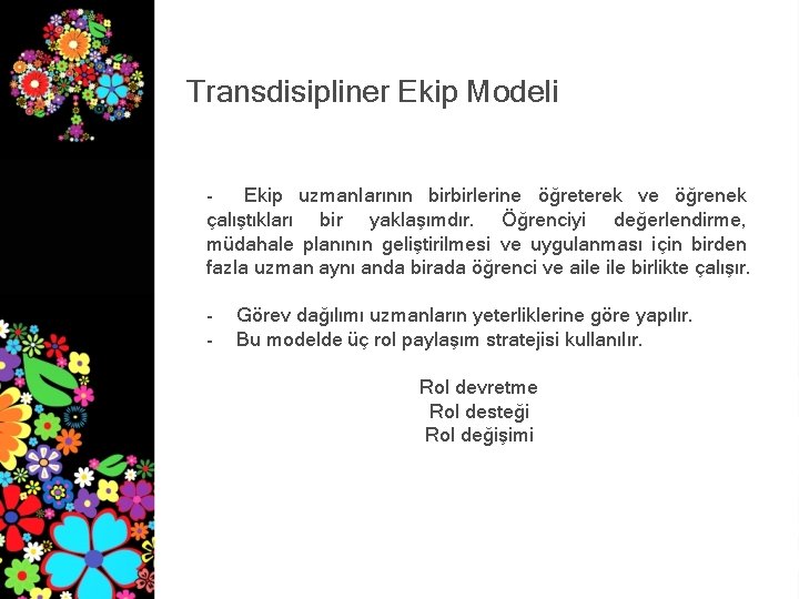 Transdisipliner Ekip Modeli Ekip uzmanlarının birbirlerine öğreterek ve öğrenek çalıştıkları bir yaklaşımdır. Öğrenciyi değerlendirme,