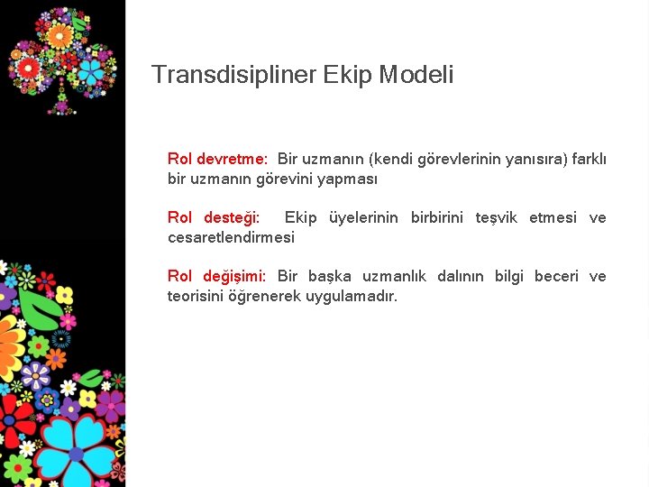 Transdisipliner Ekip Modeli Rol devretme: Bir uzmanın (kendi görevlerinin yanısıra) farklı bir uzmanın görevini