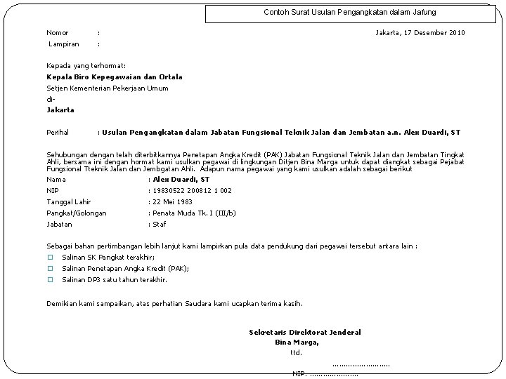 Contoh Surat Usulan Pengangkatan dalam Jafung Nomor : KP. 06. 01 -BBPJN-V/170311 Lampiran :