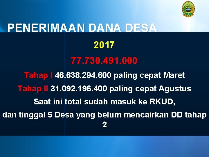 PENERIMAAN DANA DESA 2017 77. 730. 491. 000 Tahap I 46. 638. 294. 600