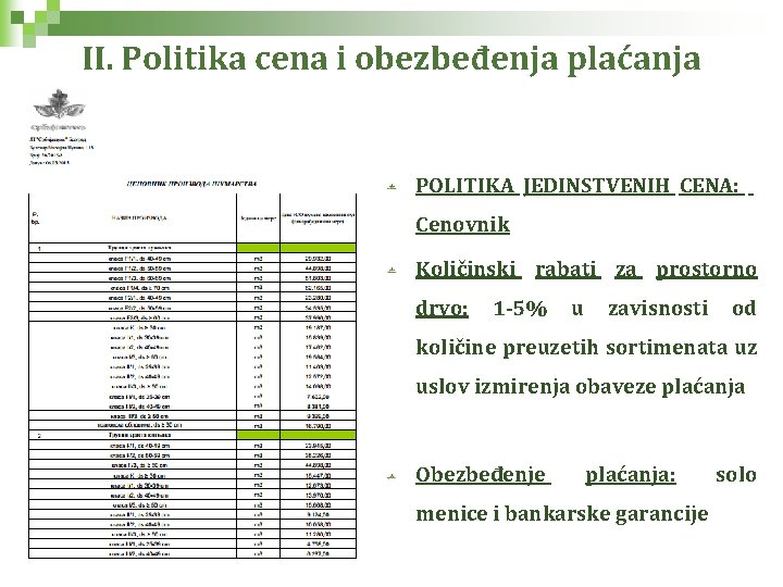 II. Politika cena i obezbeđenja plaćanja POLITIKA JEDINSTVENIH CENA: Cenovnik Količinski rabati za prostorno