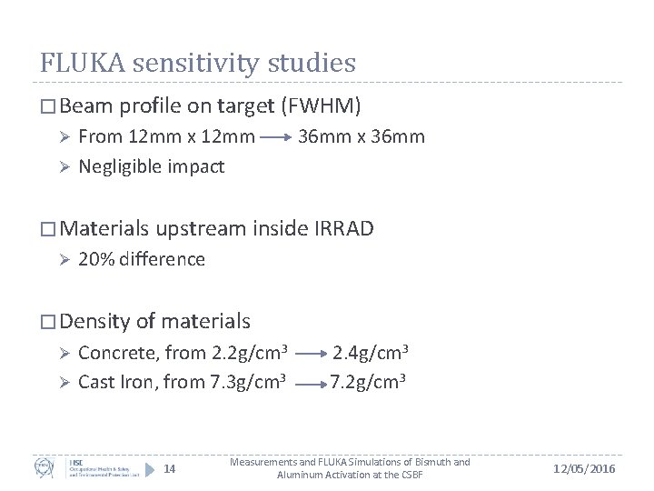 FLUKA sensitivity studies � Beam profile on target (FWHM) Ø Ø From 12 mm