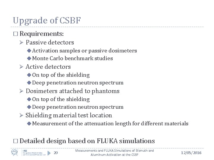 Upgrade of CSBF � Requirements: Ø Passive detectors u Activation samples or passive dosimeters