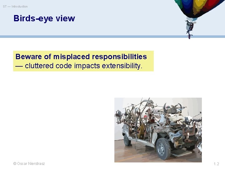 ST — Introduction Birds-eye view Beware of misplaced responsibilities — cluttered code impacts extensibility.