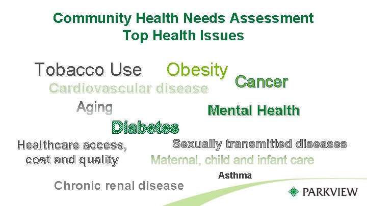 Community Health Needs Assessment Top Health Issues Tobacco Use Obesity Cardiovascular disease Diabetes Cancer