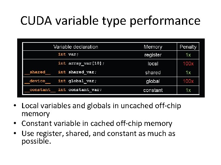CUDA variable type performance • Local variables and globals in uncached off-chip memory •