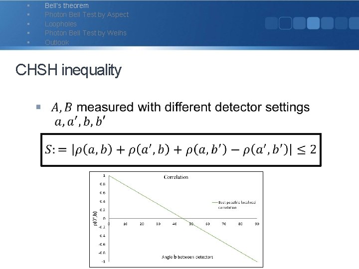 § § § Bell‘s theorem Photon Bell Test by Aspect Loopholes Photon Bell Test