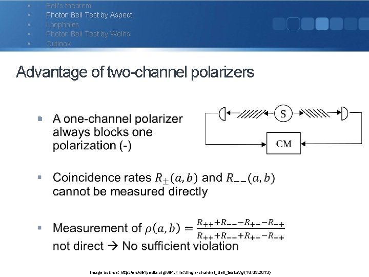 § § § Bell‘s theorem Photon Bell Test by Aspect Loopholes Photon Bell Test