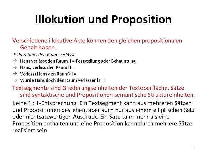 Illokution und Proposition Verschiedene illokutive Akte können den gleichen propositionalen Gehalt haben. P: dass