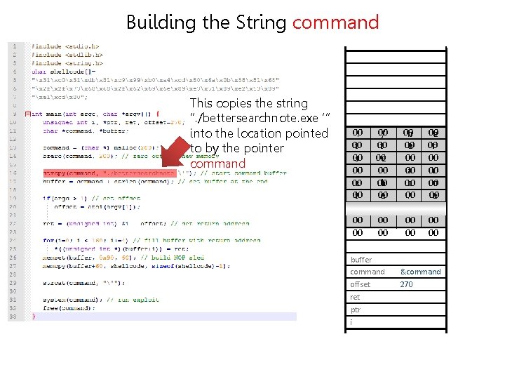 Building the String command This copies the string “. /bettersearchnote. exe ‘“ into the