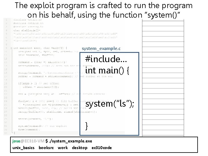 The exploit program is crafted to run the program on his behalf, using the