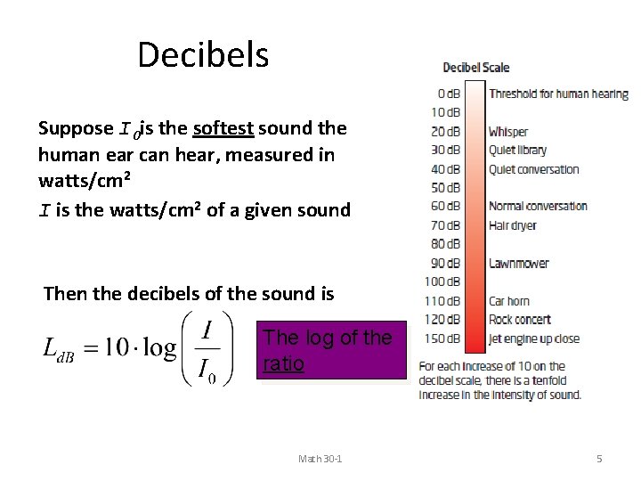 Decibels Suppose I 0 is the softest sound the human ear can hear, measured