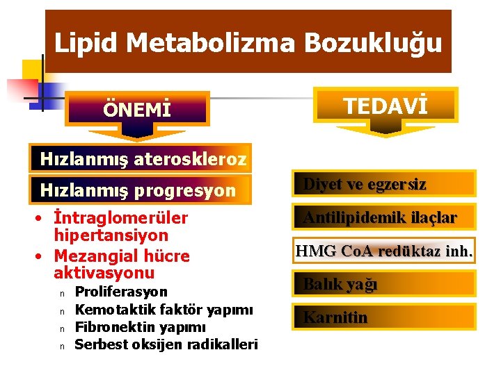 Lipid Metabolizma Bozukluğu ÖNEMİ TEDAVİ Hızlanmış ateroskleroz Hızlanmış progresyon • İntraglomerüler hipertansiyon • Mezangial