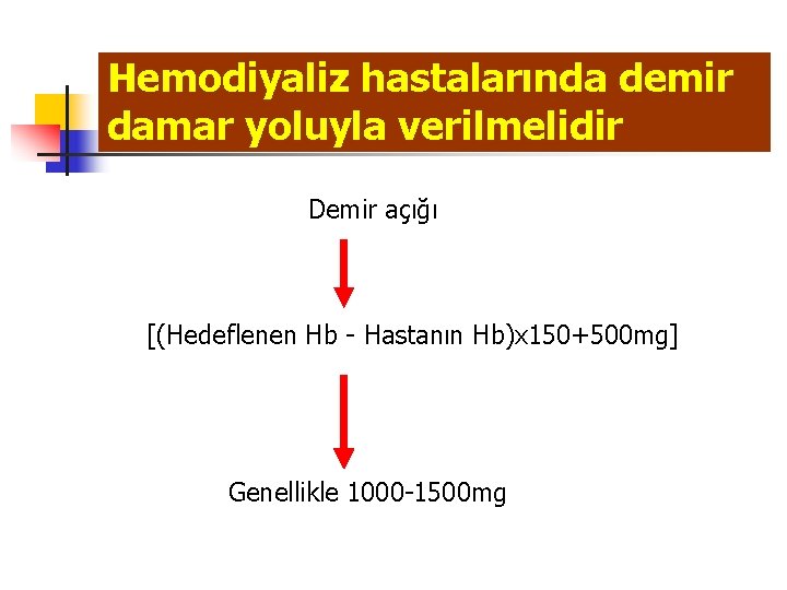 Hemodiyaliz hastalarında demir damar yoluyla verilmelidir Demir açığı [(Hedeflenen Hb - Hastanın Hb)x 150+500